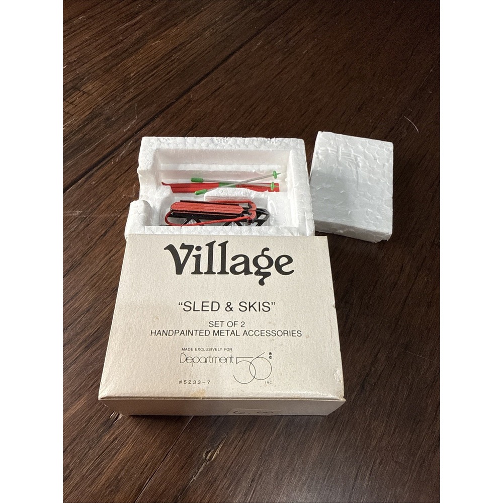 Department 56 Christmas Village Accessory Set Of Two Sled & Skis Vintage Holiday